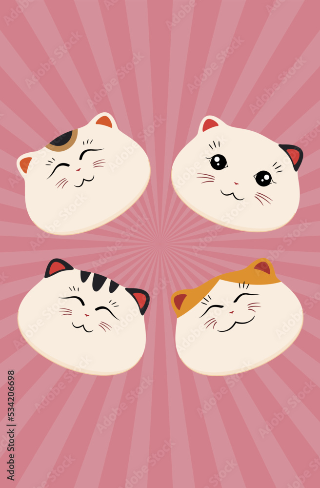 Japanese good luck cat smiling head pink striped poster design vector flat illustration Maneki Neko Japanese good luck cat smiling head pink striped poster design vector flat illustration Maneki Neko