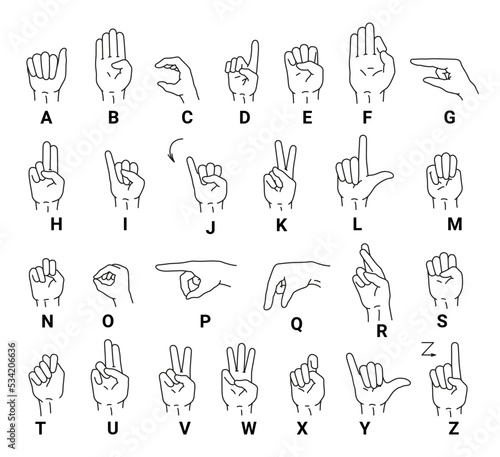 Deaf mutes hand language letters alphabet infographic set line art monochrome icon vector