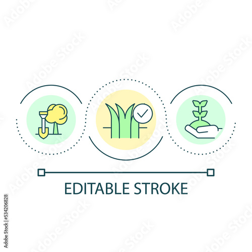 Gardening loop concept icon. Planting and cultivation. Tree planting. Garden landscape design abstract idea thin line illustration. Isolated outline drawing. Editable stroke. Arial font used