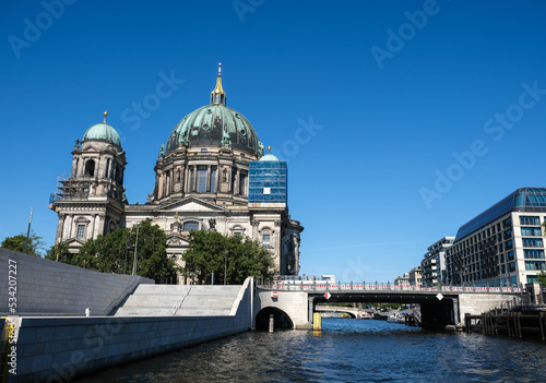 Berlin Dome on a summer day. Taken from the River Spree with blue sky