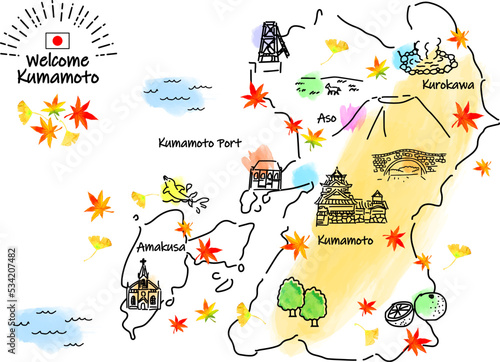 秋の熊本県の観光地シンプル線画イラストマップ