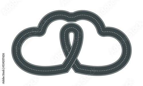 Vector illustration of heart shaped road with white markings isolated on white background. Empty heart shaped asphalt road in top view. Valentine Day template.
 