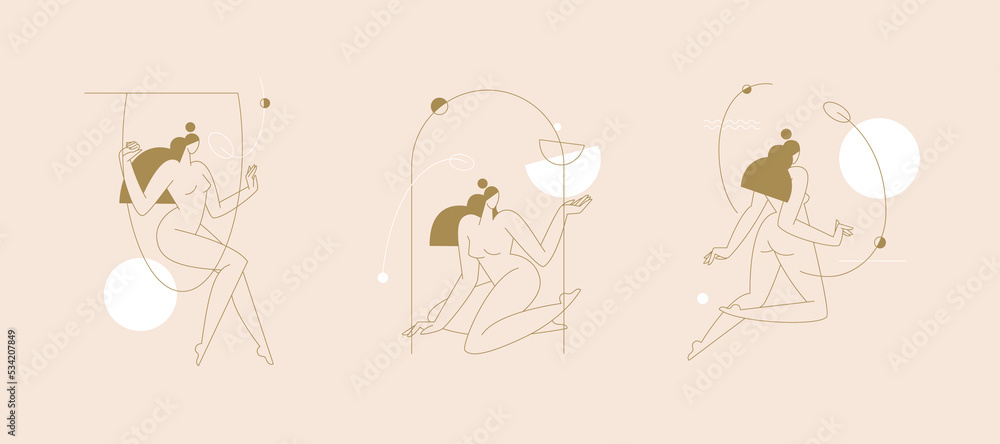 Abstract female body silhouette vector illustration set. Contemporary nude woman figure, feminine design with geometric shapes, boho colored. Beauty, body care concepts collection for logo. Modern art