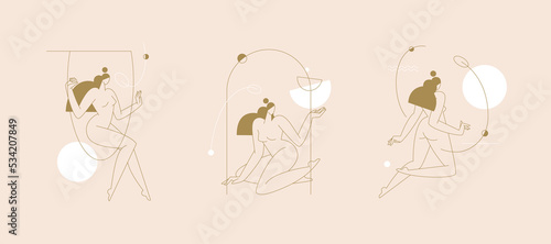 Abstract female body silhouette vector illustration set. Contemporary nude woman figure, feminine design with geometric shapes, boho colored. Beauty, body care concepts collection for logo. Modern art