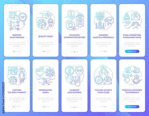 Lead conversion process blue gradient onboarding mobile app screen set. Walkthrough 5 steps graphic instructions with linear concepts. UI, UX, GUI template. Myriad Pro-Bold, Regular fonts used