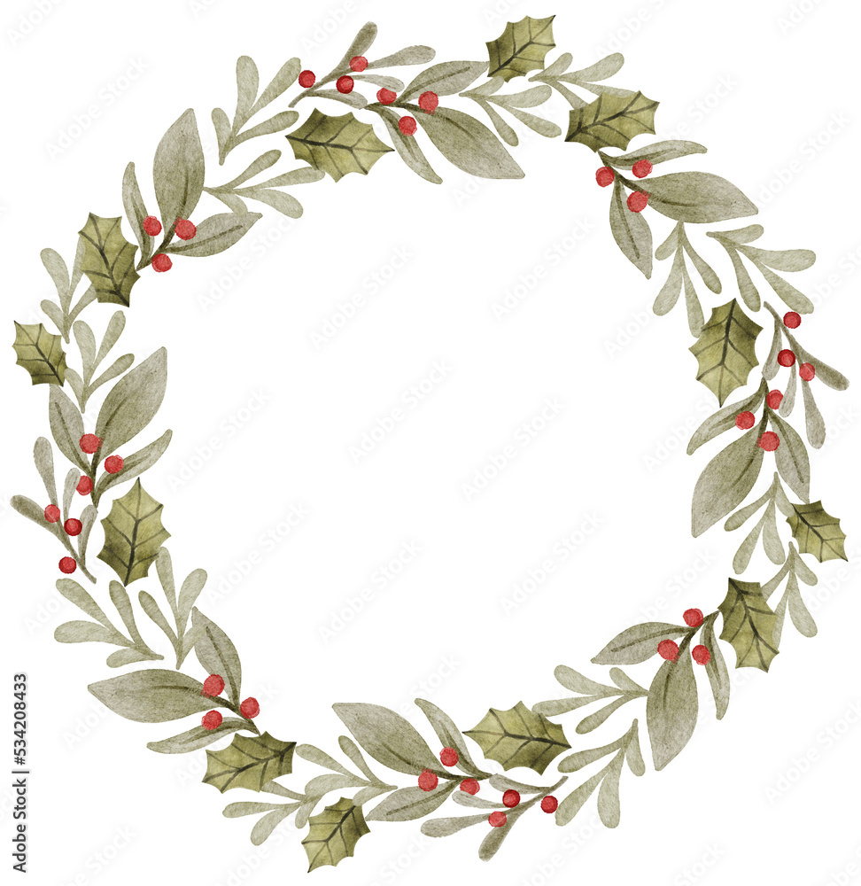 Fototapeta premium Watercolor Christmas wreath illustration. Holiday decorative branches with berries.