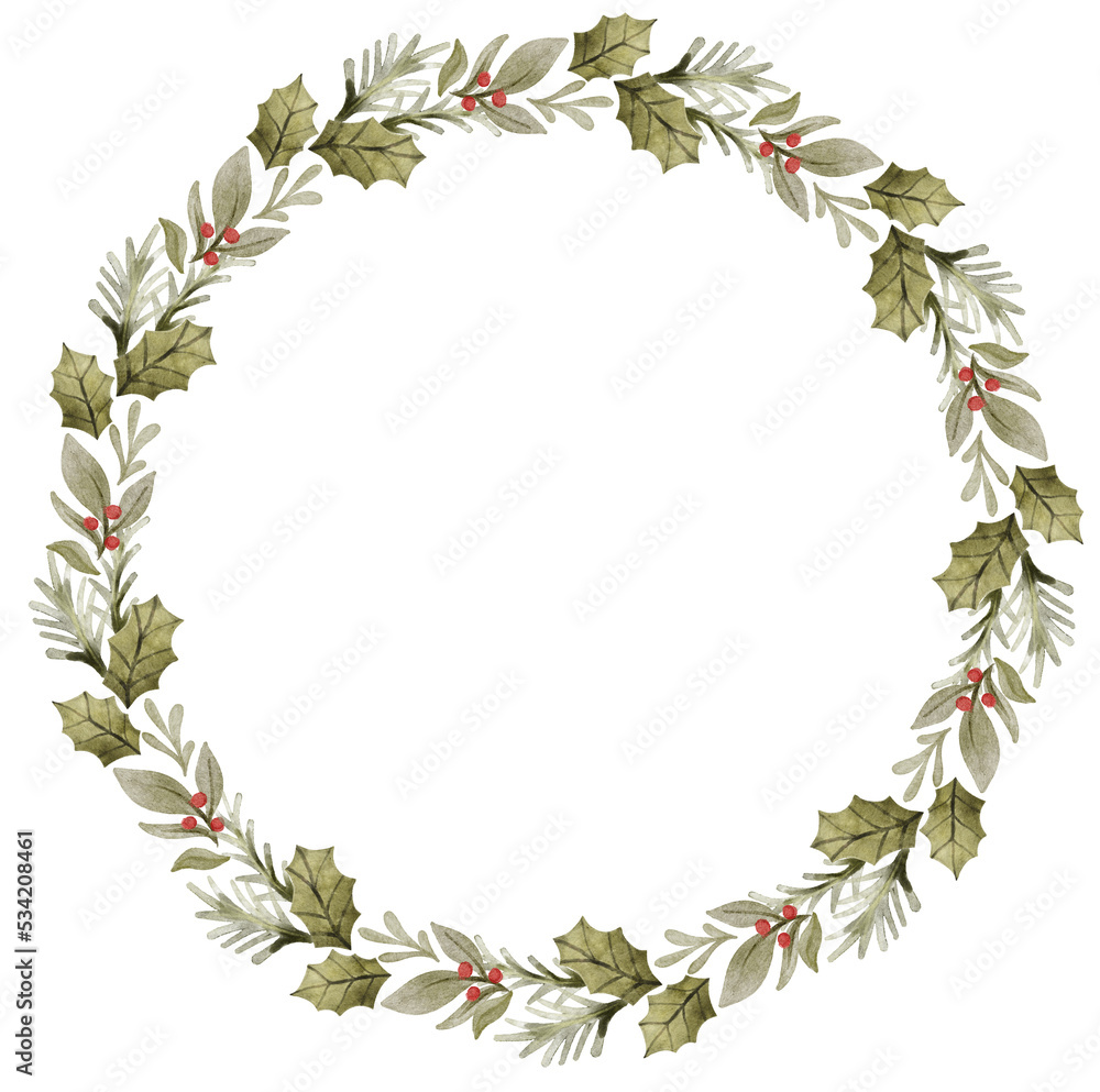 Fototapeta premium Watercolor Christmas wreath illustration. Holiday rounded decorative branches.