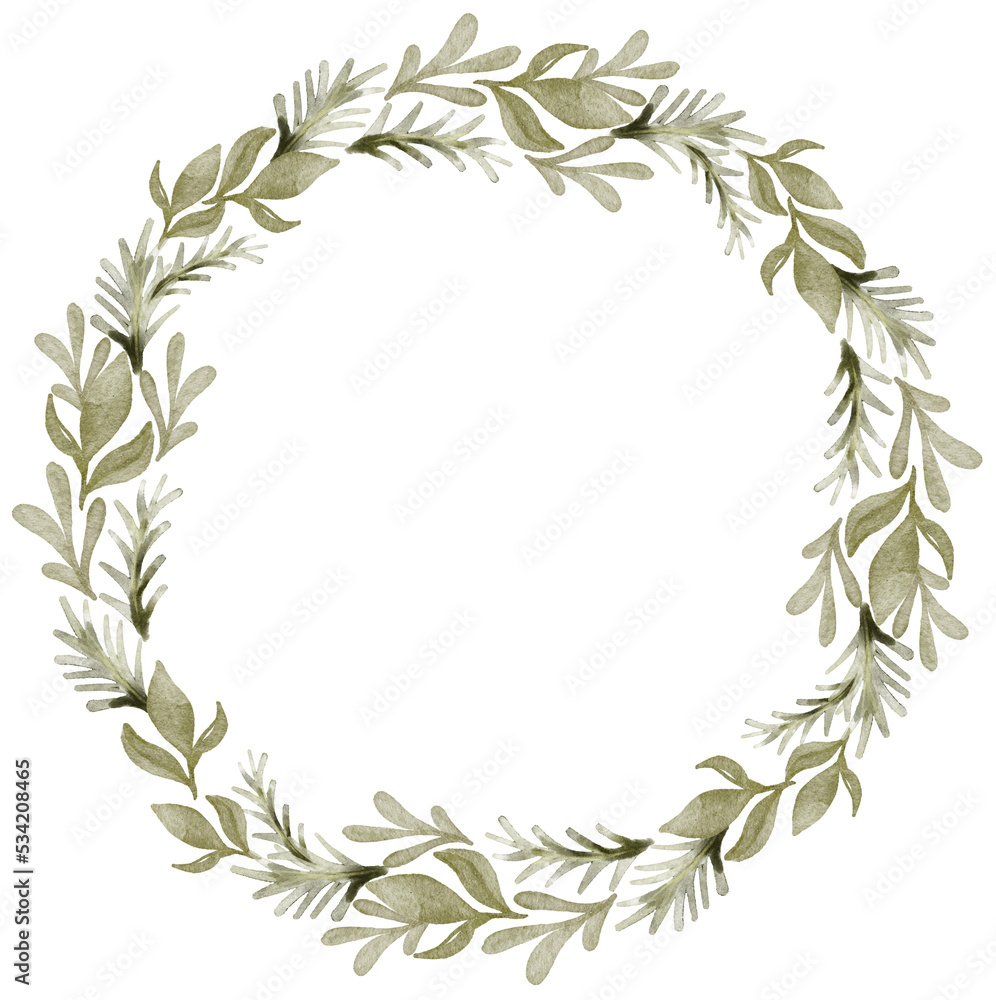 Watercolor Christmas wreath illustration. Holiday round frame of decorative branches.