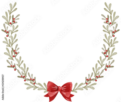 Watercolor Christmas wreath illustration. Holiday green branches with red ribbon.