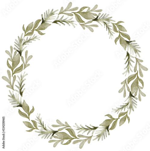 Watercolor Christmas wreath illustration. Holiday round frame of decorative branches.