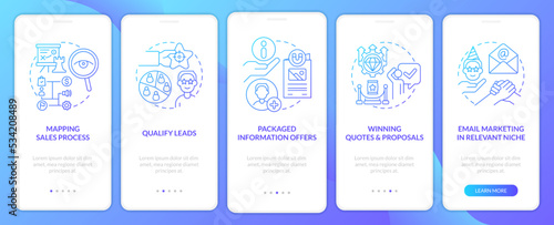 Process of lead conversion blue gradient onboarding mobile app screen. Walkthrough 5 steps graphic instructions with linear concepts. UI, UX, GUI template. Myriad Pro-Bold, Regular fonts used