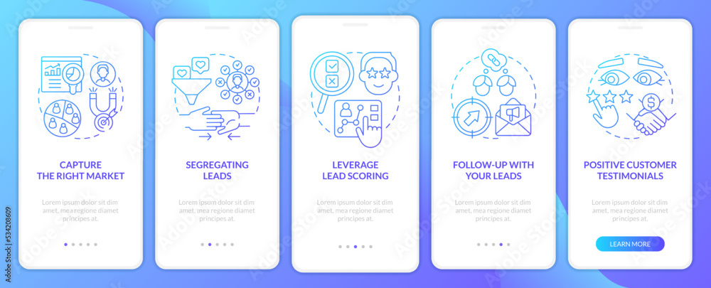 Practices of lead conversion blue gradient onboarding mobile app screen. Walkthrough 5 steps graphic instructions with linear concepts. UI, UX, GUI template. Myriad Pro-Bold, Regular fonts used