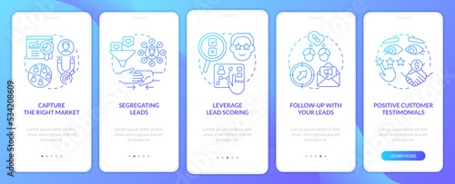 Practices of lead conversion blue gradient onboarding mobile app screen. Walkthrough 5 steps graphic instructions with linear concepts. UI, UX, GUI template. Myriad Pro-Bold, Regular fonts used