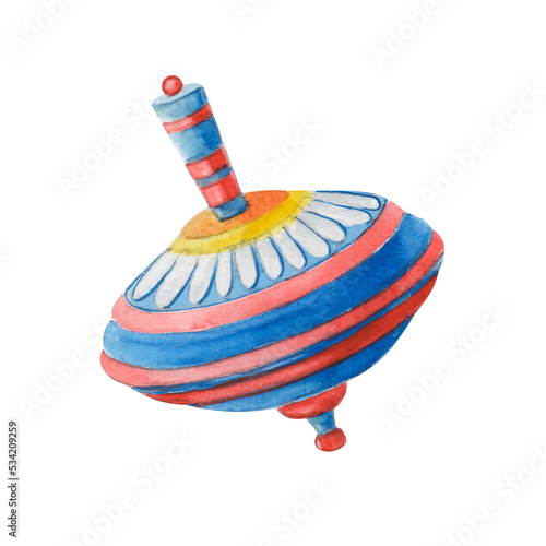 Watercolor whirligig - vintage colorful toy with chamomile in blue and red colors. Game for babies.