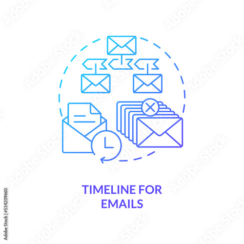 Timeline for emails blue gradient concept icon. Sending letters schedule. Lead nurturing campaign abstract idea thin line illustration. Isolated outline drawing. Myriad Pro-Bold font used