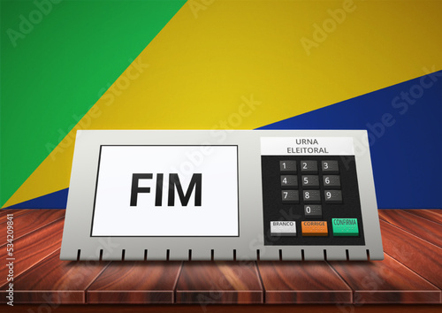 The electronic ballot box with numeric keypad on wooden surface. Buttons with braille font.