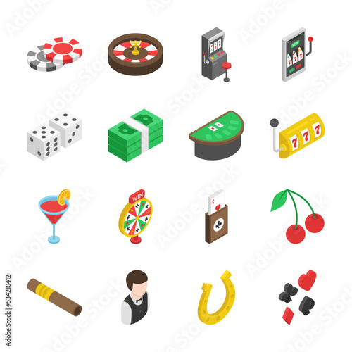 Casino isometric icons set. Slot machines, roulette, poker and card games for money. Objects collection. Vector illustration