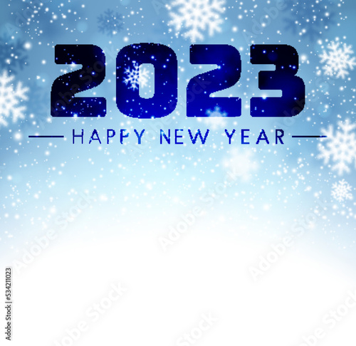 2023 happy new year sign on sweaty grass with snowflakes.