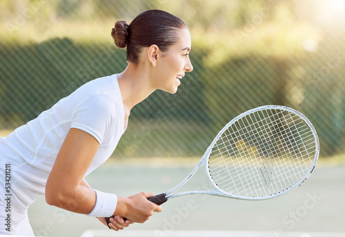 Woman, tennis court or ready for game serve in training, exercise or energy fitness for competition workout goals. Smile, happy or motivation for sports person with health, wellness or winner mindset © Jade M/peopleimages.com