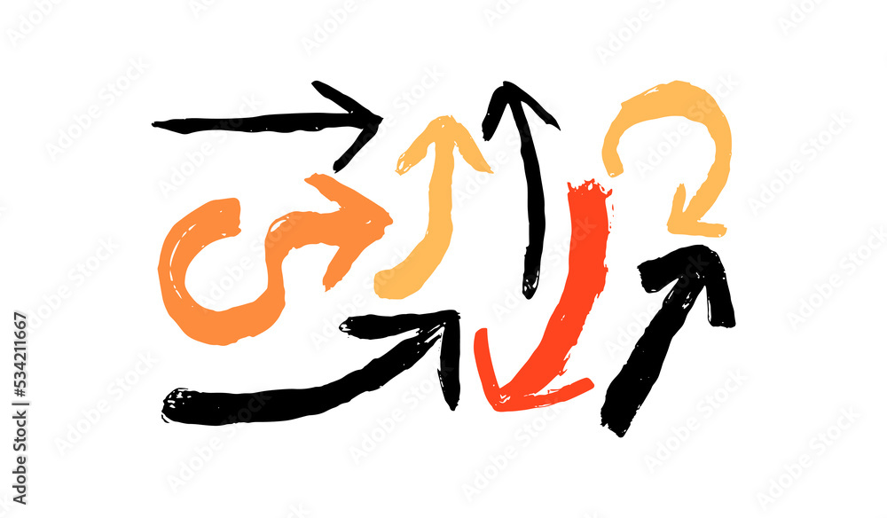 A set of different arrows drawn by hand with a brush. Vector illustration A set of different arrows drawn by hand with a brush. Vector illustration