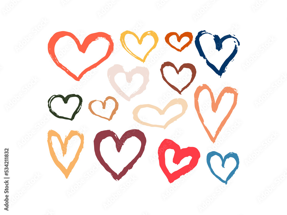 Set of different hand drawn paint hearts for Valentine's day, wedding. Vector illustration