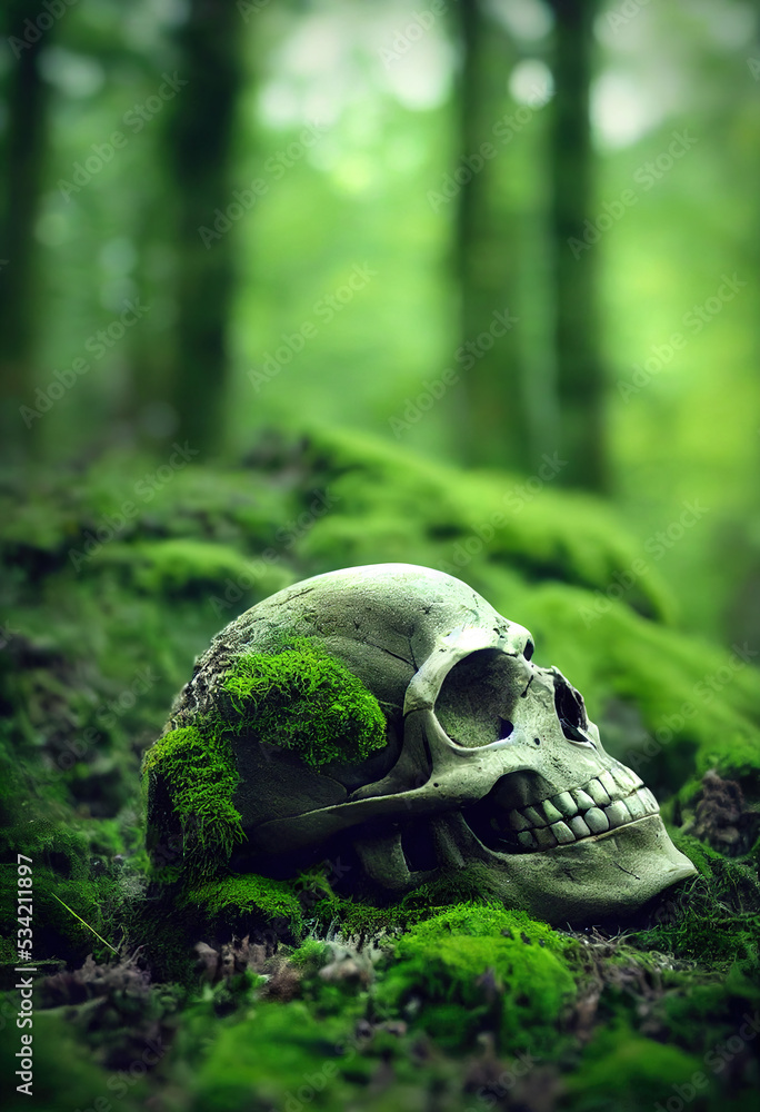 human skull in forest illustration