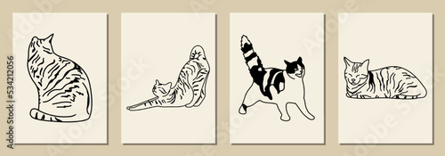 Set of cute vertical abstract posters in retro asian style with cats for your poster, flyer or banner.