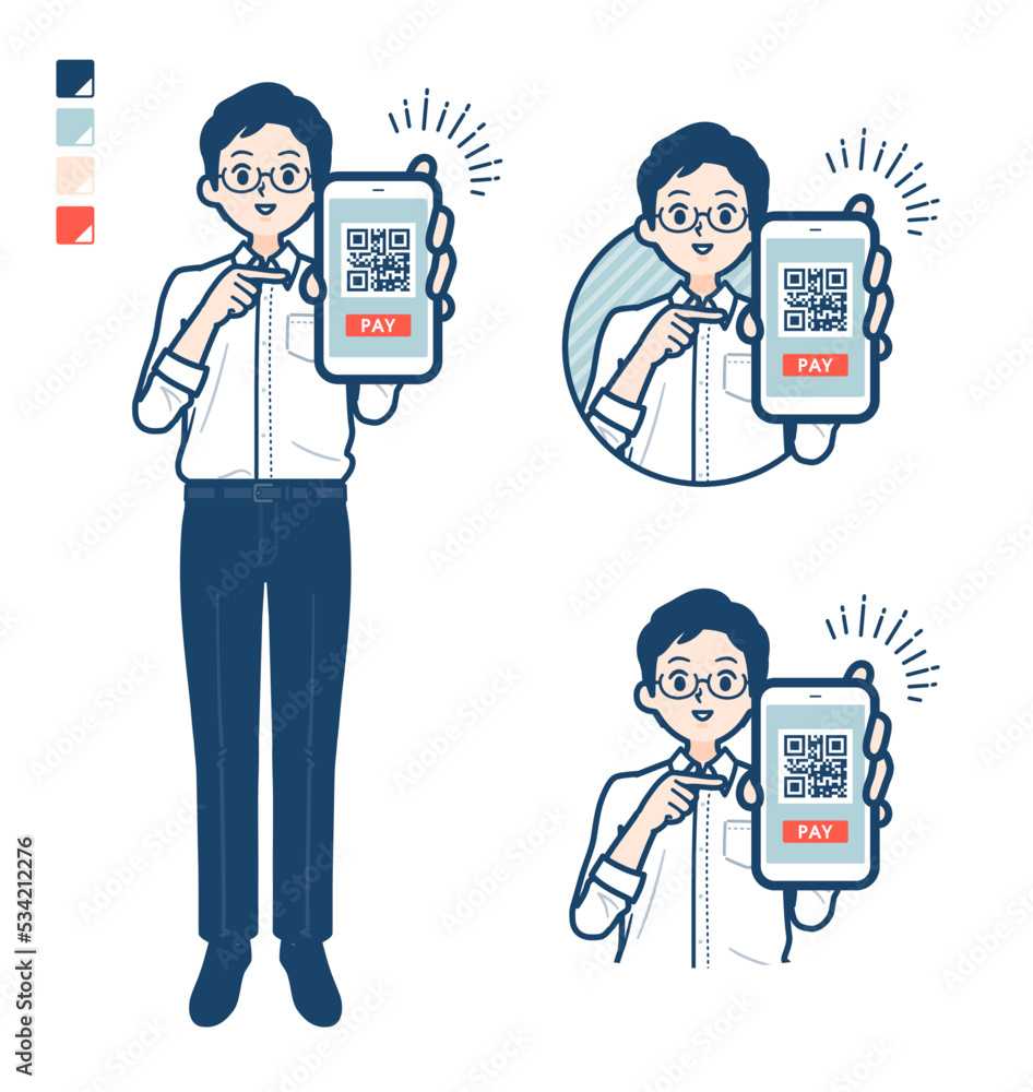 シャツを着た男性がスマートフォンでキャッシュレス決済しているイラスト
