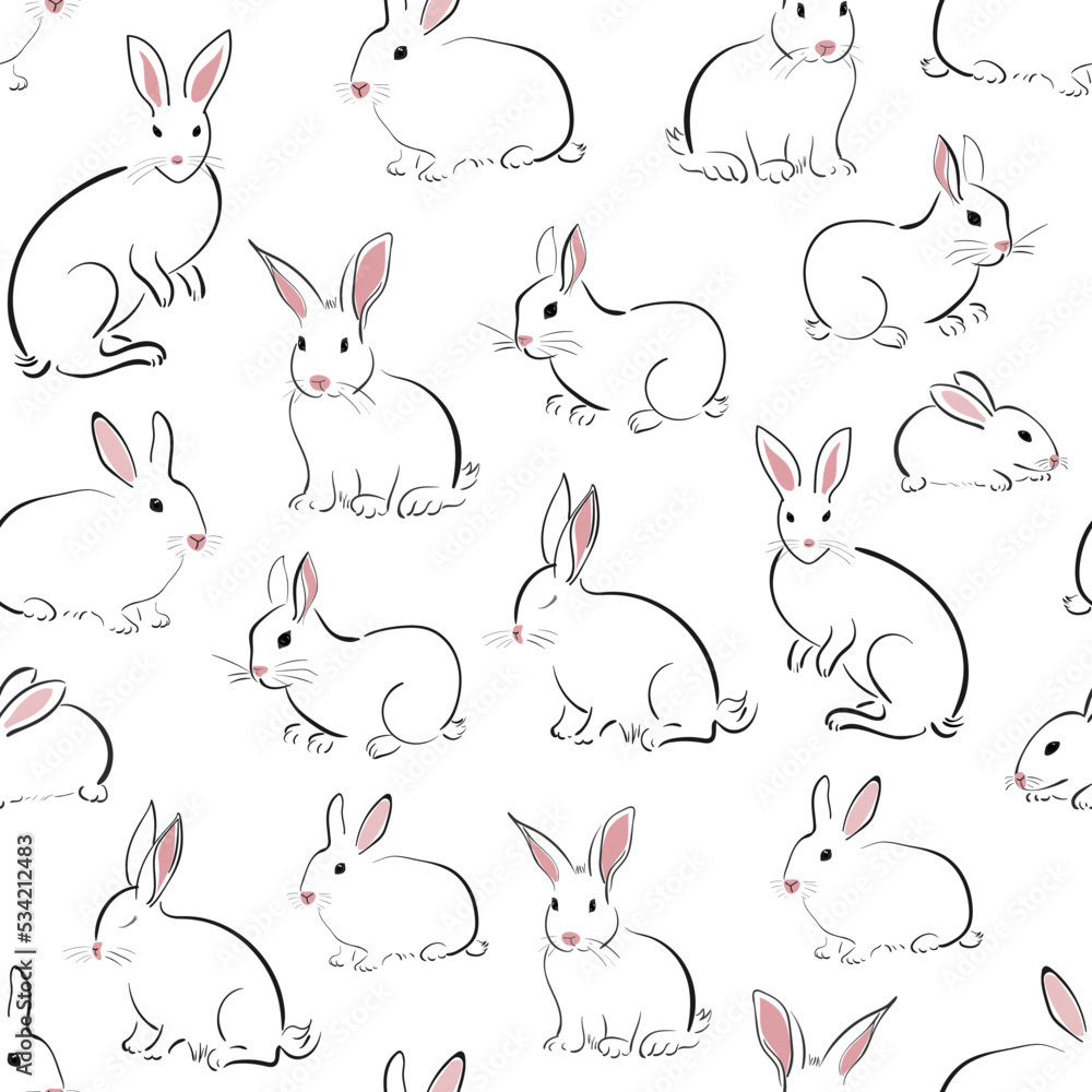 Seamless pattern with cute rabbit or hare in oriental style isolated on a white background. Graphic print. Seamless pattern with cute rabbit or hare in oriental style isolated on a white background. Graphic print.