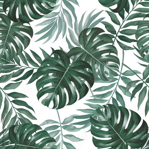 Watercolor style decorative seamless pattern with green monstera and palm leaves isolated on transparent background