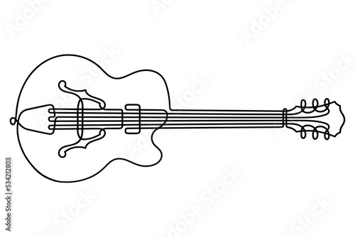One continuous line drawing Six string electric guitar isolated on white background.