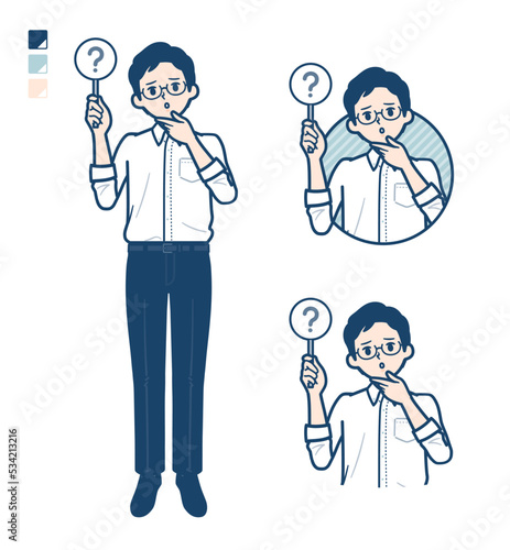 シャツを着た男性がクエスチョン印パネルを出すイラスト