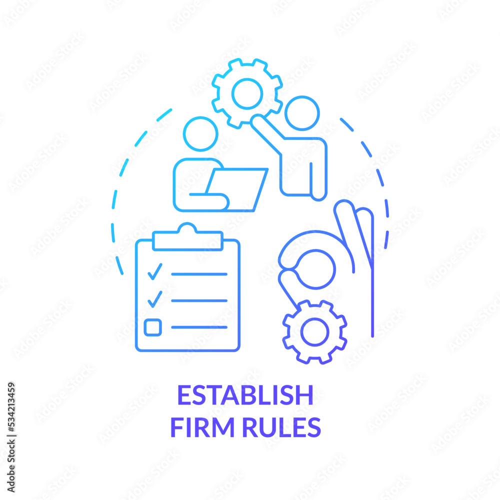 Establish firm rules blue gradient concept icon. Tip for coaching abstract idea thin line illustration. Agreement with mentee. Set boundaries. Isolated outline drawing. Myriad Pro-Bold font used Establish firm rules blue gradient concept icon. Tip for coaching abstract idea thin line illustration. Agreement with mentee. Set boundaries. Isolated outline drawing. Myriad Pro-Bold font used
