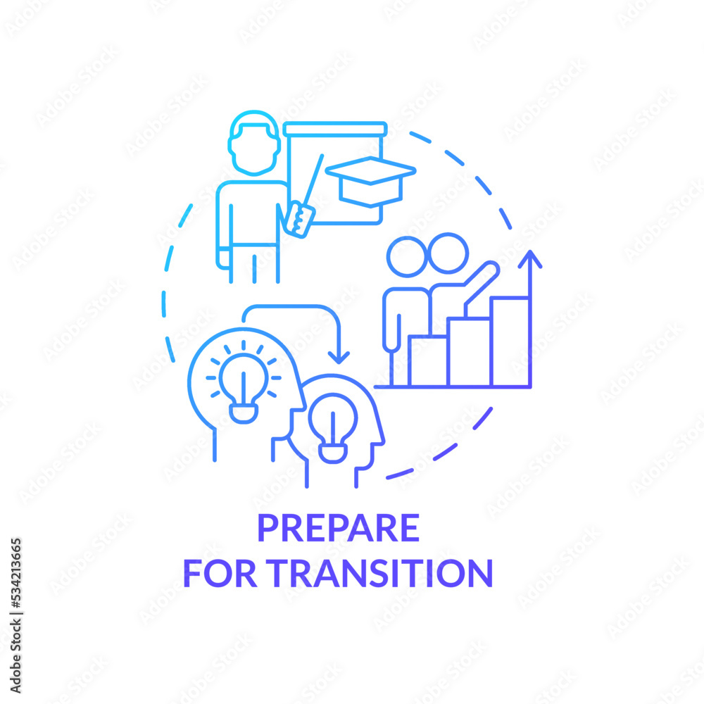 Prepare for transition blue gradient concept icon. Coaching tip abstract idea thin line illustration. Transfer knowledge and skills to mentee. Isolated outline drawing. Myriad Pro-Bold font used