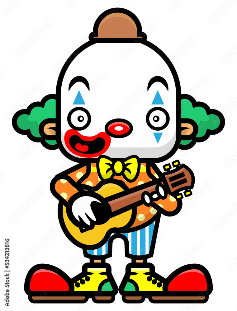 Naklejka premium Happy clown cartoon character playing ukulele guitar at birthday party, best for sticker, mascot, and logo with entertainment themes for kids