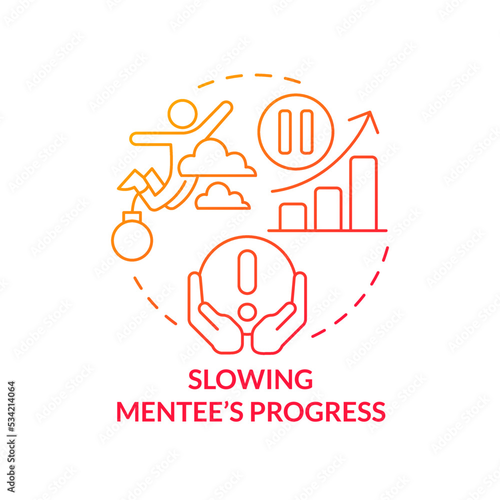 Slowing mentee progress red gradient concept icon. Toxic mentoring habit abstract idea thin line illustration. Handcuff trainee to mentor timeline. Isolated outline drawing. Myriad Pro-Bold font used Slowing mentee progress red gradient concept icon. Toxic mentoring habit abstract idea thin line illustration. Handcuff trainee to mentor timeline. Isolated outline drawing. Myriad Pro-Bold font used