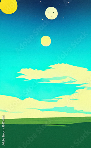 Minimalist drawing flat illustration of landscape, clouds, starry night with moon in the sky and moonlight. Minimalism design digital painting print, creative template background.