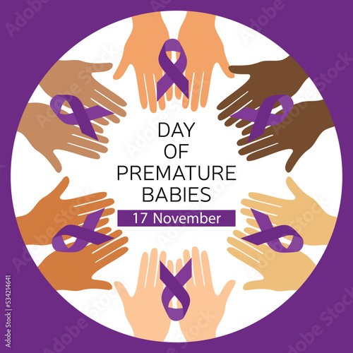 Many hands with purple ribbon Square banner for 17 November Day of premature babies. Vector illustration.