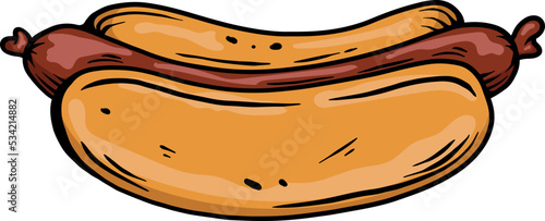Illustration of hot dog with sausage. Fast food. Design element for poster, menu, banner, sign. Vector illustration