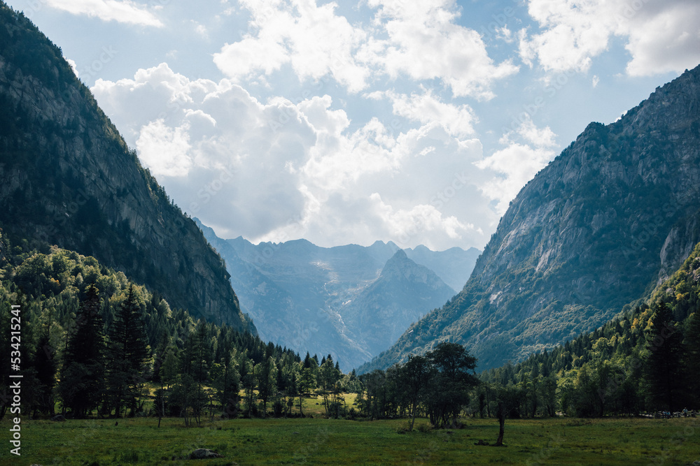 Alpine landscape countryside in sunny summer day in Val di Mello, Lombardy, Italy.
