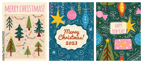 Merry christmas and happy new year greeting cards template. Vector set of winter holiday illustrations in vintage style. Christmas tree and toys. 2023 new year hand drawn poster