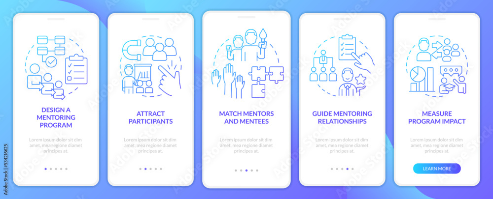 Path to effective mentoring blue gradient onboarding mobile app screen. Walkthrough 5 steps graphic instructions with linear concepts. UI, UX, GUI template. Myriad Pro-Bold, Regular fonts used Path to effective mentoring blue gradient onboarding mobile app screen. Walkthrough 5 steps graphic instructions with linear concepts. UI, UX, GUI template. Myriad Pro-Bold, Regular fonts used