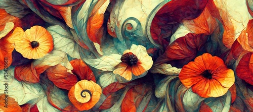 Abstract flower fantasy of petal swirls  vibrant bright autumn colors of burnt orange  red  touch of emerald green and sunflower yellow. Gorgeous decoration   blooming beautiful design background.