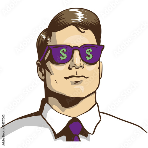 Pop art man billionaire in dollar glasses vector photo