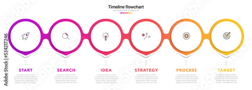 Timeline infographic design with 6 options or steps. Infographics for business concept. Can be used for presentations workflow layout, banner, process, diagram, flow chart, info graph, annual report.