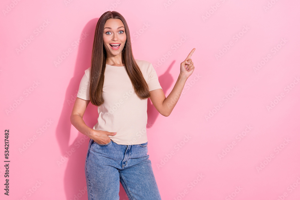 Photo of young funny excited girlish lady brown hair shopaholic unexpected summer sale shopping finger point empty space isolated on pink color background Photo of young funny excited girlish lady brown hair shopaholic unexpected summer sale shopping finger point empty space isolated on pink color background