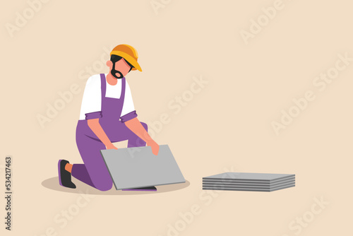 Construction worker installs ceramic tile. Construction and building concept. Flat vector illustrations isolated. 