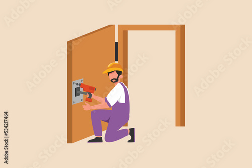 Construction worker drilling the installation door. Construction and building concept. Flat vector illustrations isolated. 