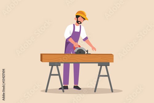 Professional carpenter saws a wood with a circular saw for the house. Construction and building concept. Flat vector illustrations isolated. 