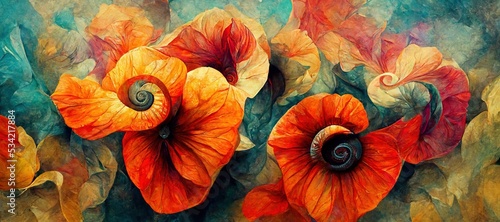 Abstract flower fantasy of petal swirls  vibrant bright autumn colors of burnt orange  red  touch of emerald green and sunflower yellow. Gorgeous decoration   blooming beautiful design background.